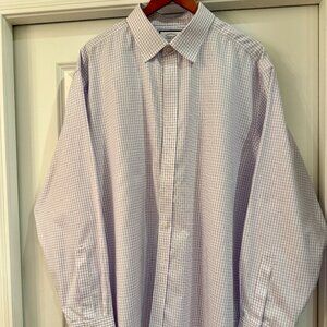 Charles Tyrwhitt Men’s Dress Shirt 19 x 37 White and Purple Check No Iron Cotton